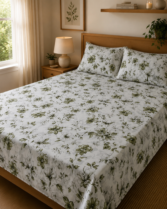 Olive Blossom | 100% Cotton | Queen Size Bedsheet